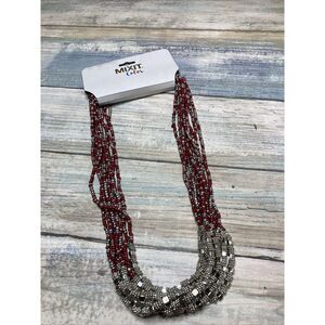 Red Silver Multi-Strand Seed Bead Necklace 16" NWOT